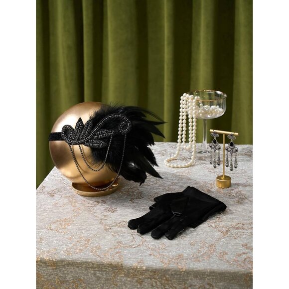 1920s Flapper Accessories Set Vintage Headband Earrings Pearl Necklace Gloves - Picture 5 of 6